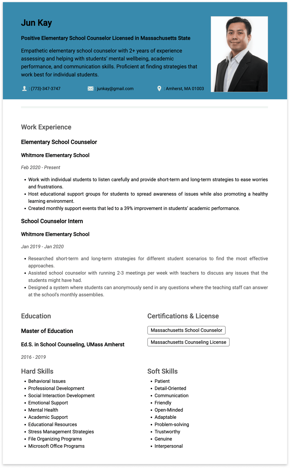 school counselor resume sample