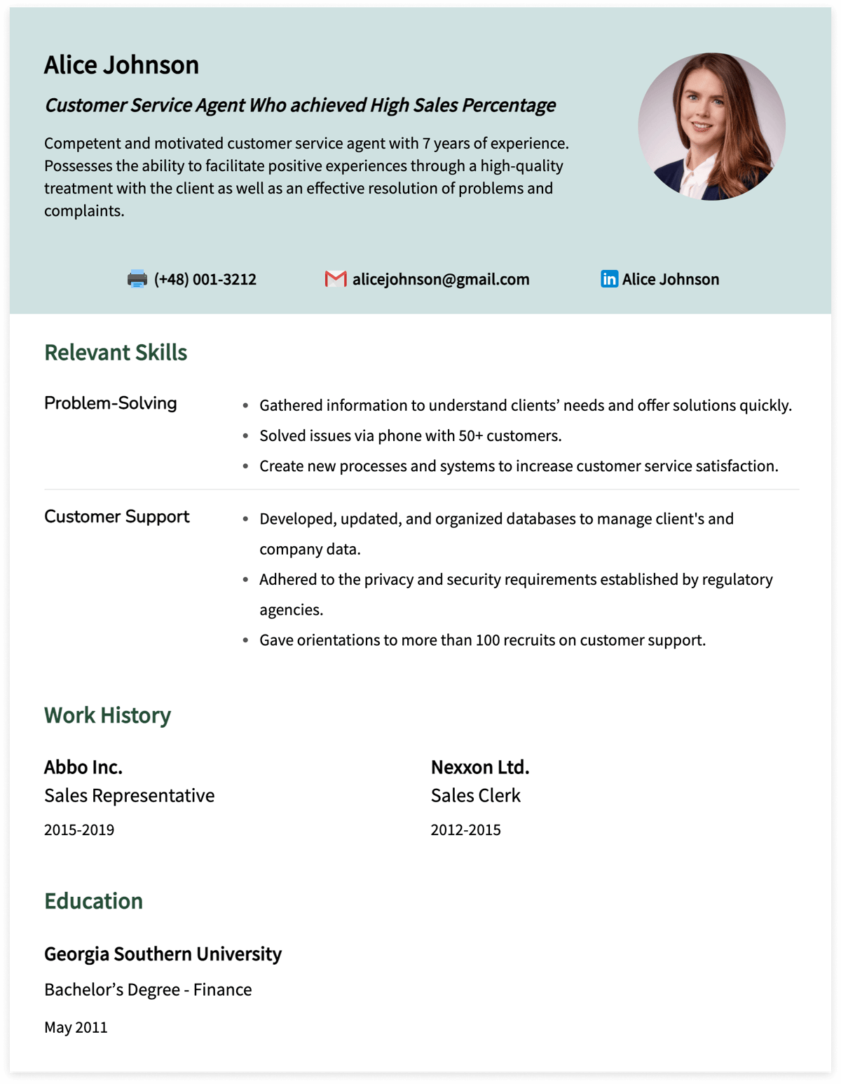 Functional Resume Example for Customer Service