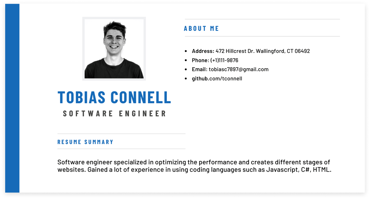 Resume header for software engineer