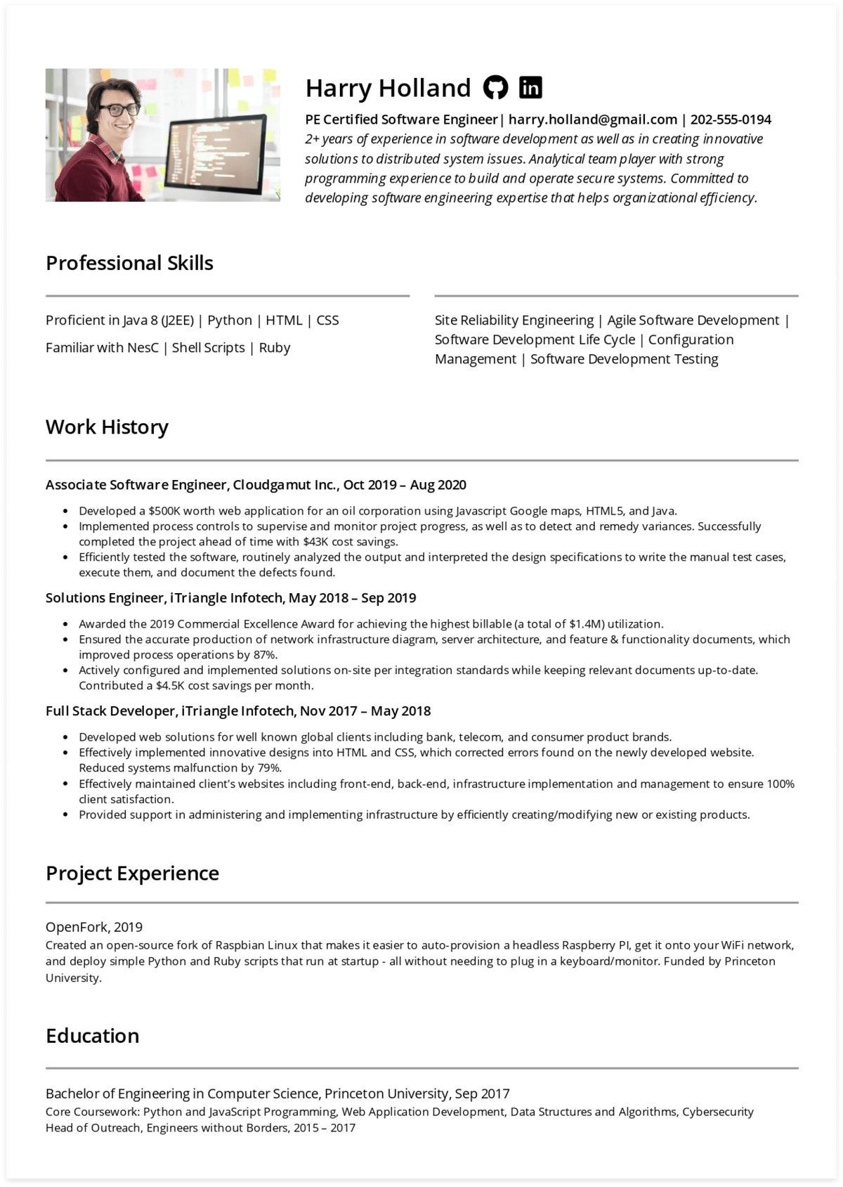 Generated via CakeResume. Click to download Harry's Software Engineer resume in pdf!