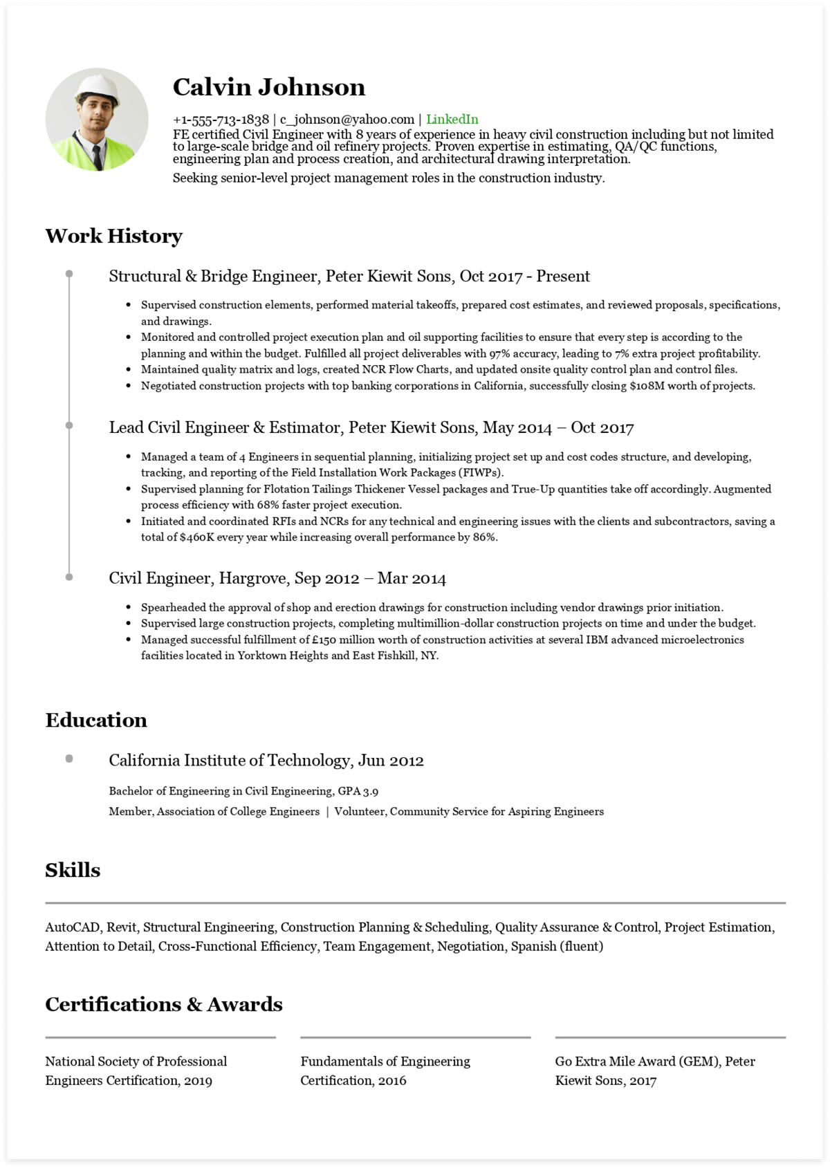 Click to download Calvin's civil engineer resume. Generated via CakeResume.