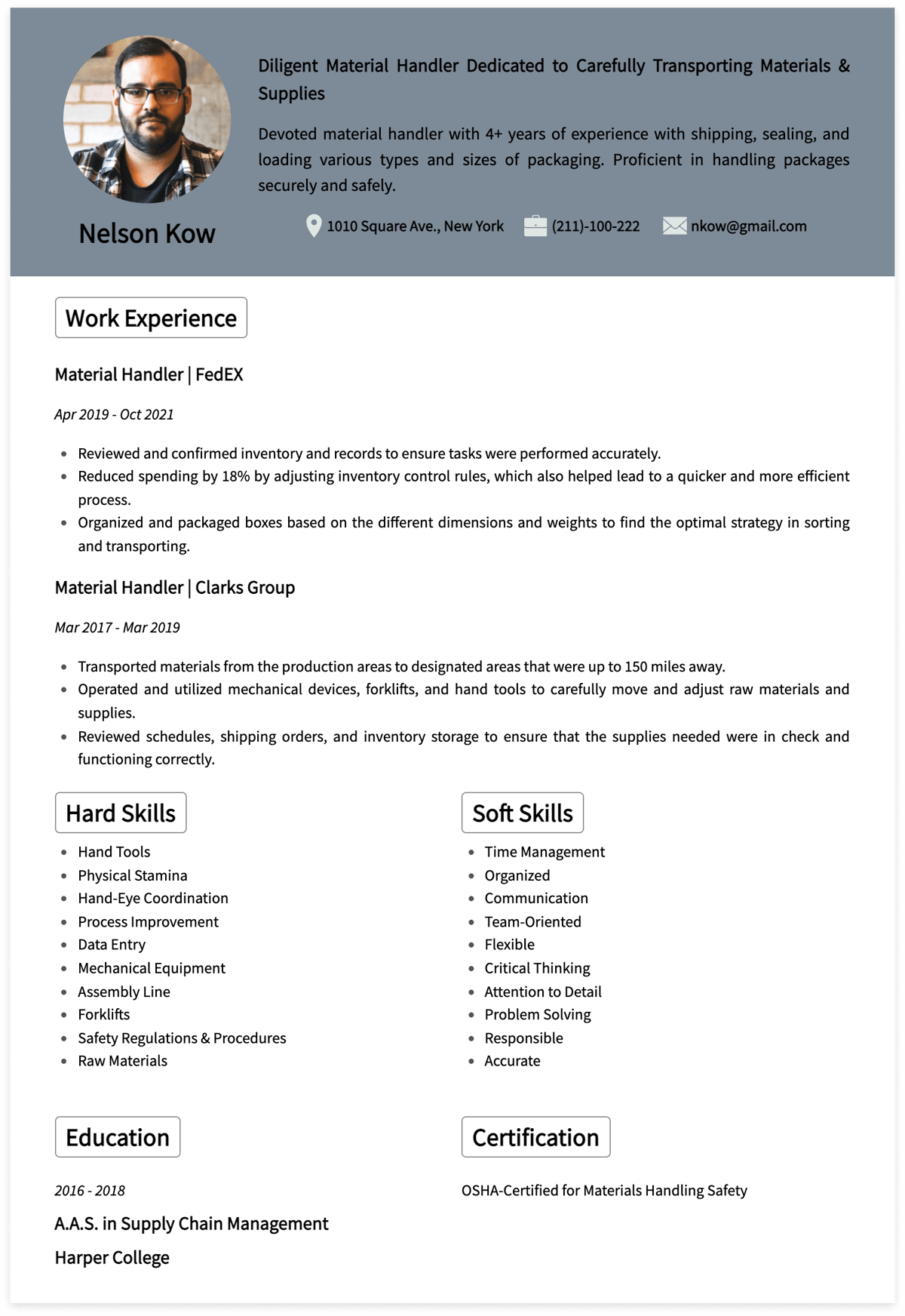 material handler resume example