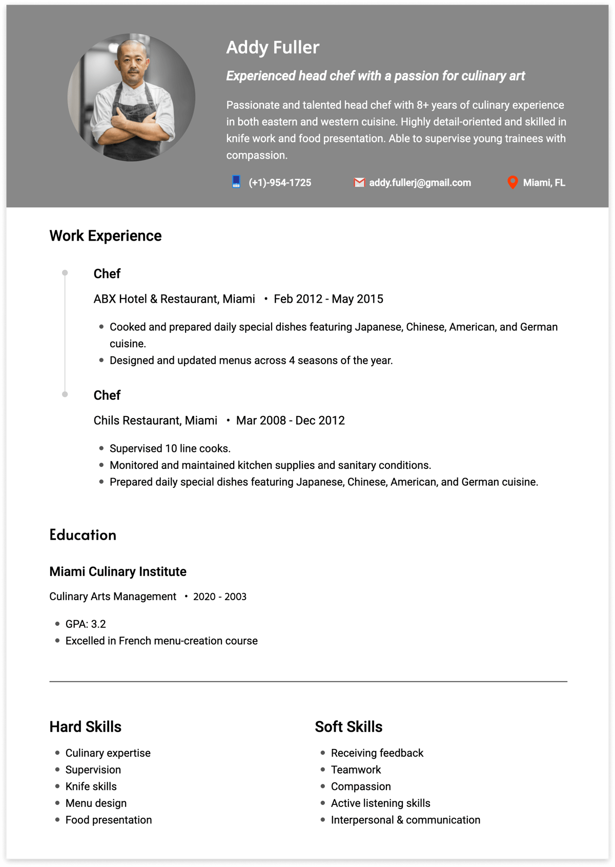 culinary resume example
