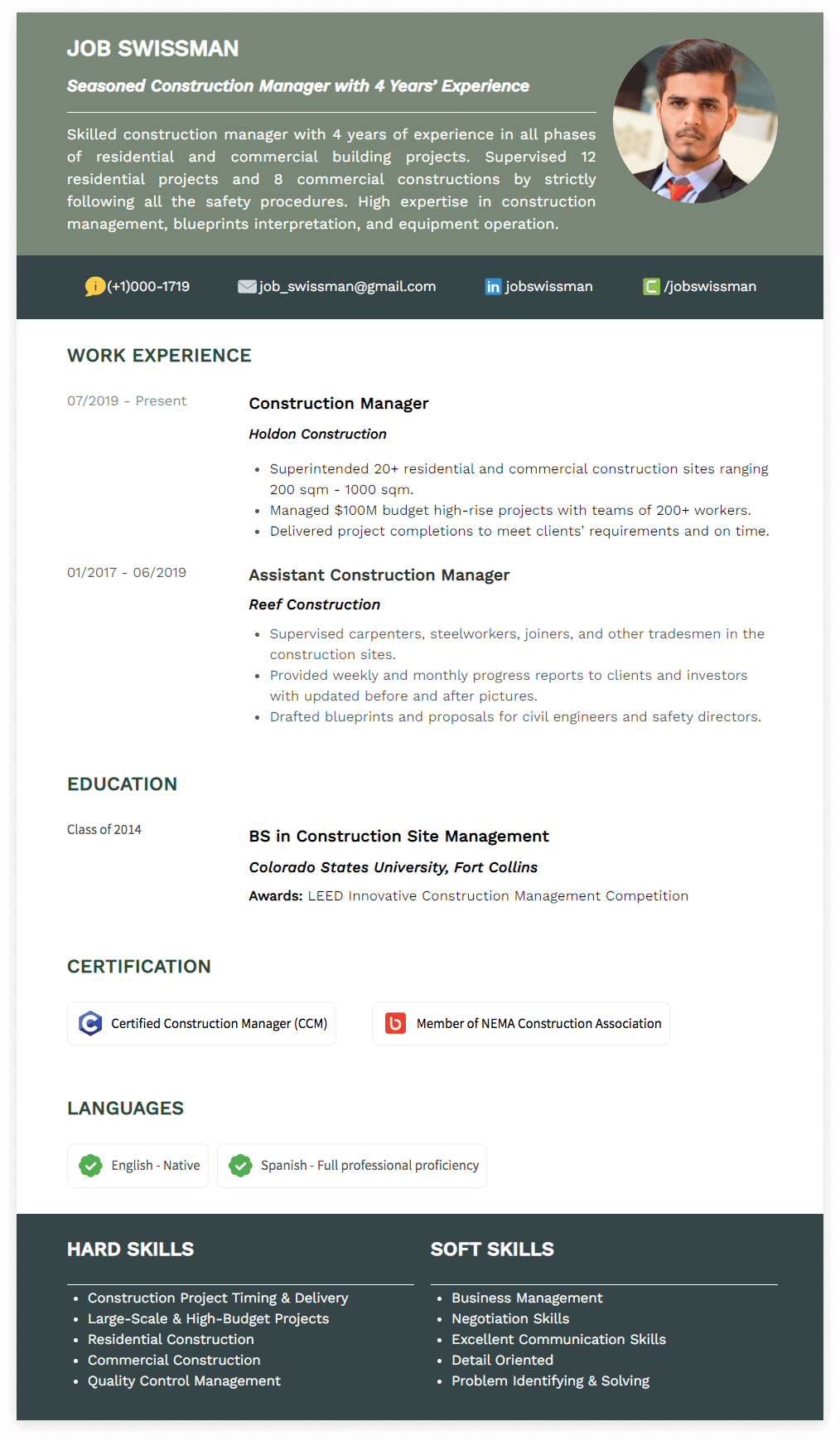 construction manager resume sample