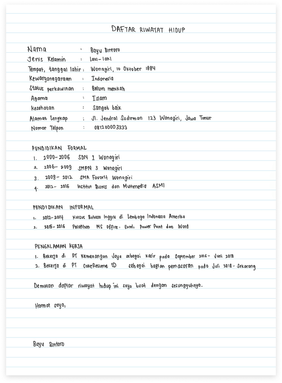 contoh daftar riwayat hidup tulis tangan dan contoh cv tulis tangan