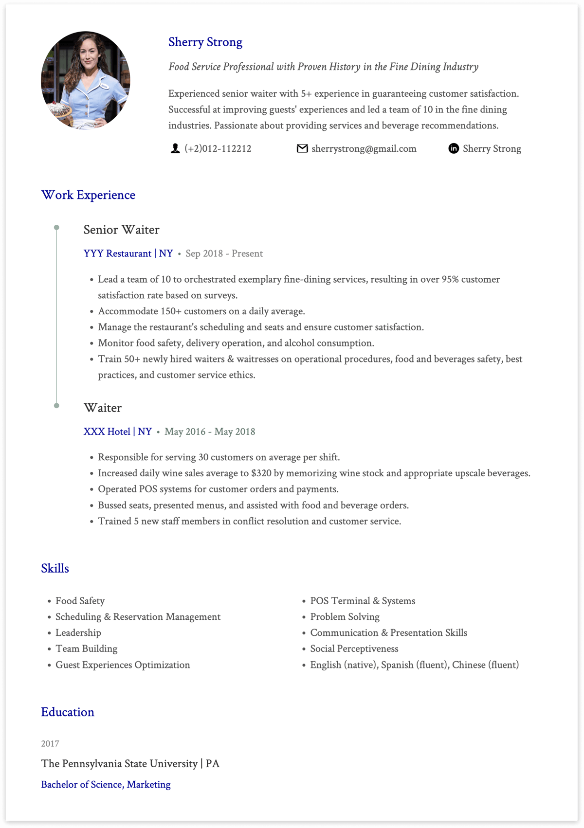 waiter/waitress resume example