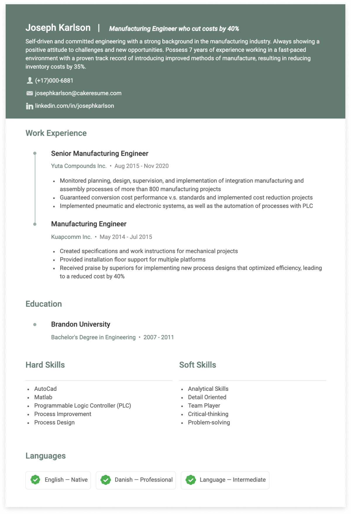 manufacturing engineer resume sample