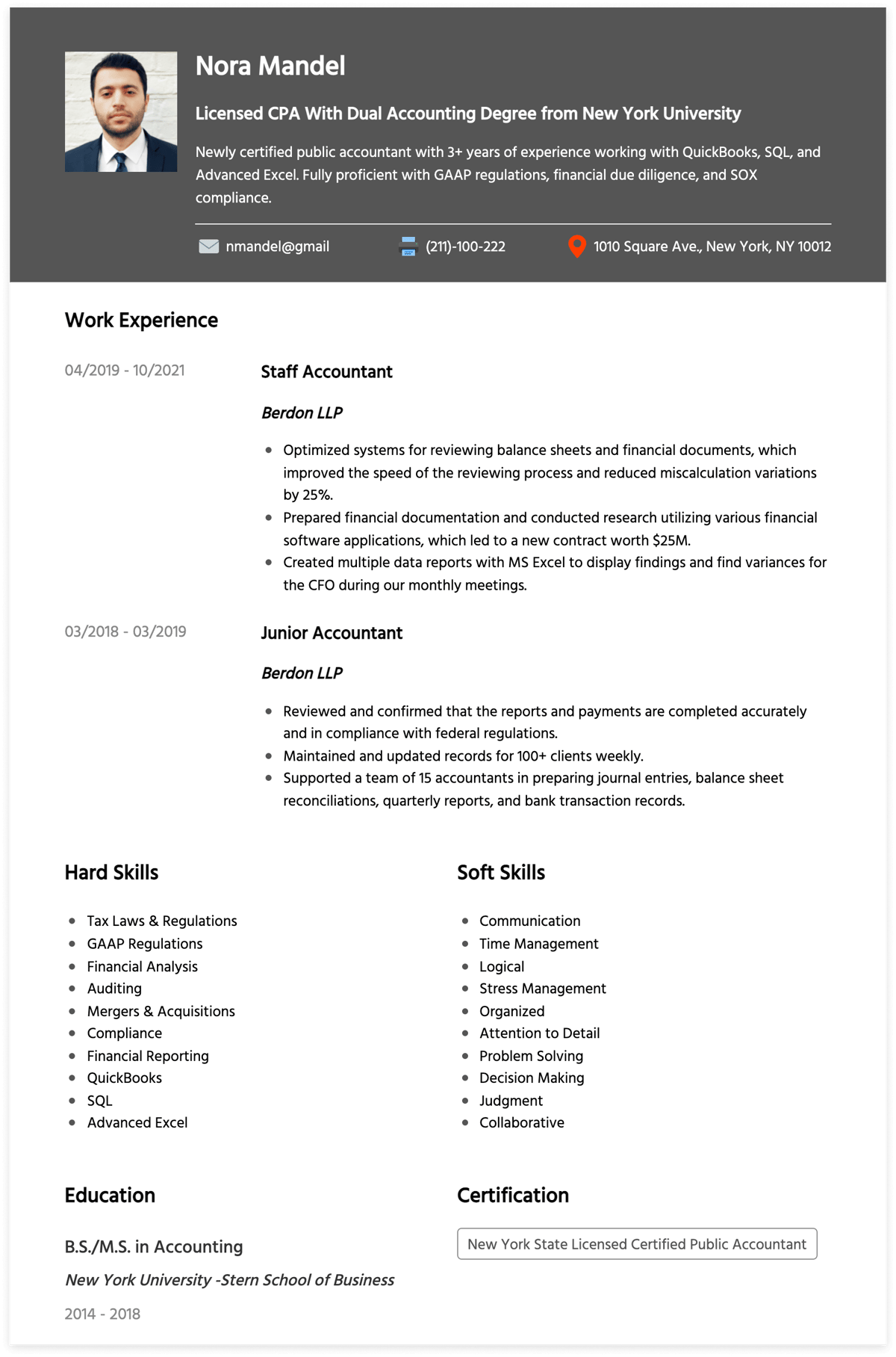 certified public accountant resume example
