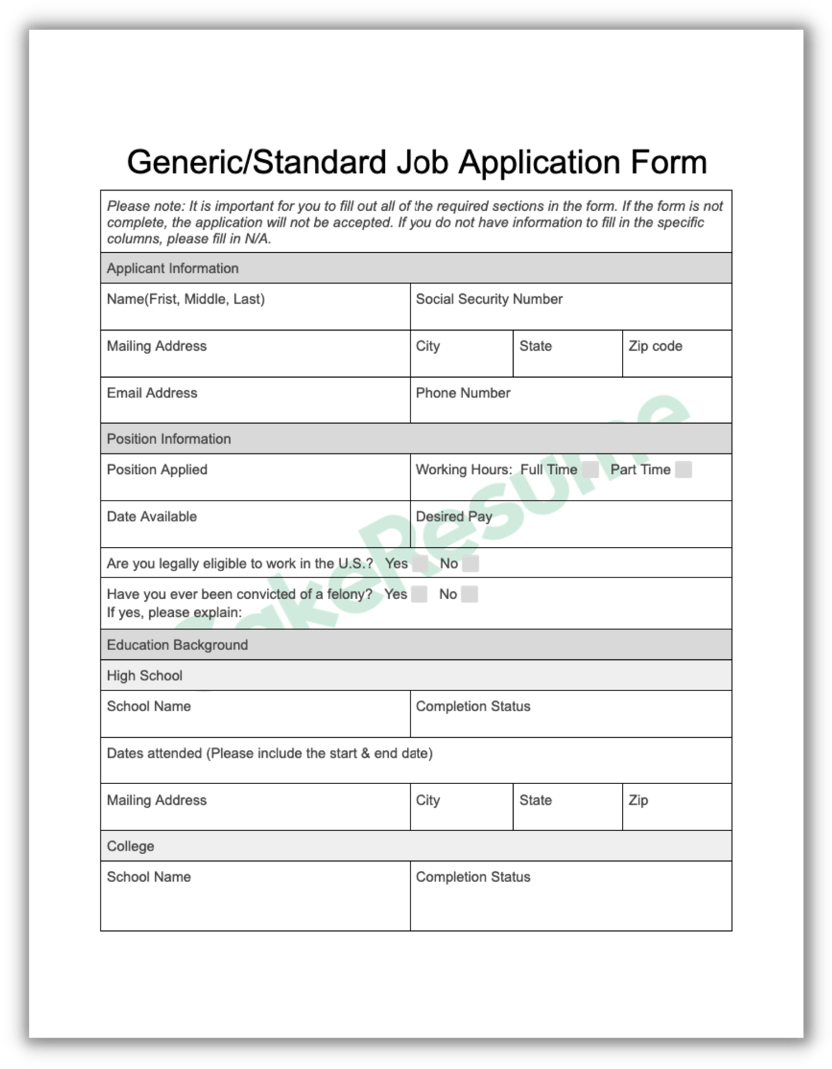 Generic/Standard job application form sample