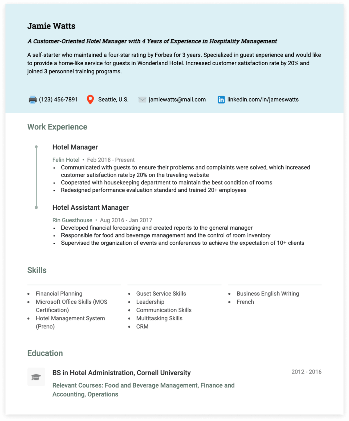 hotel manager resume examples