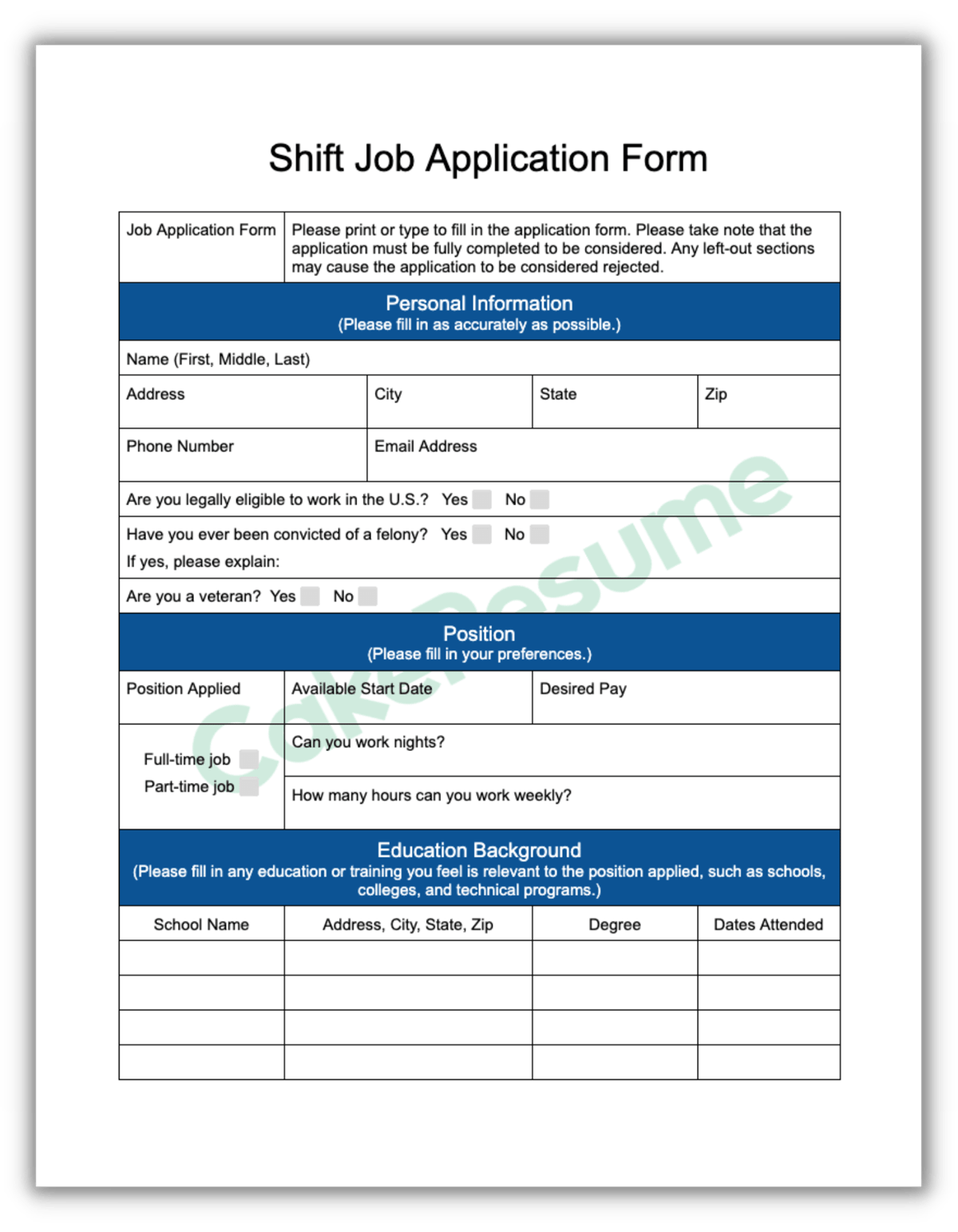 Shift job application form sample