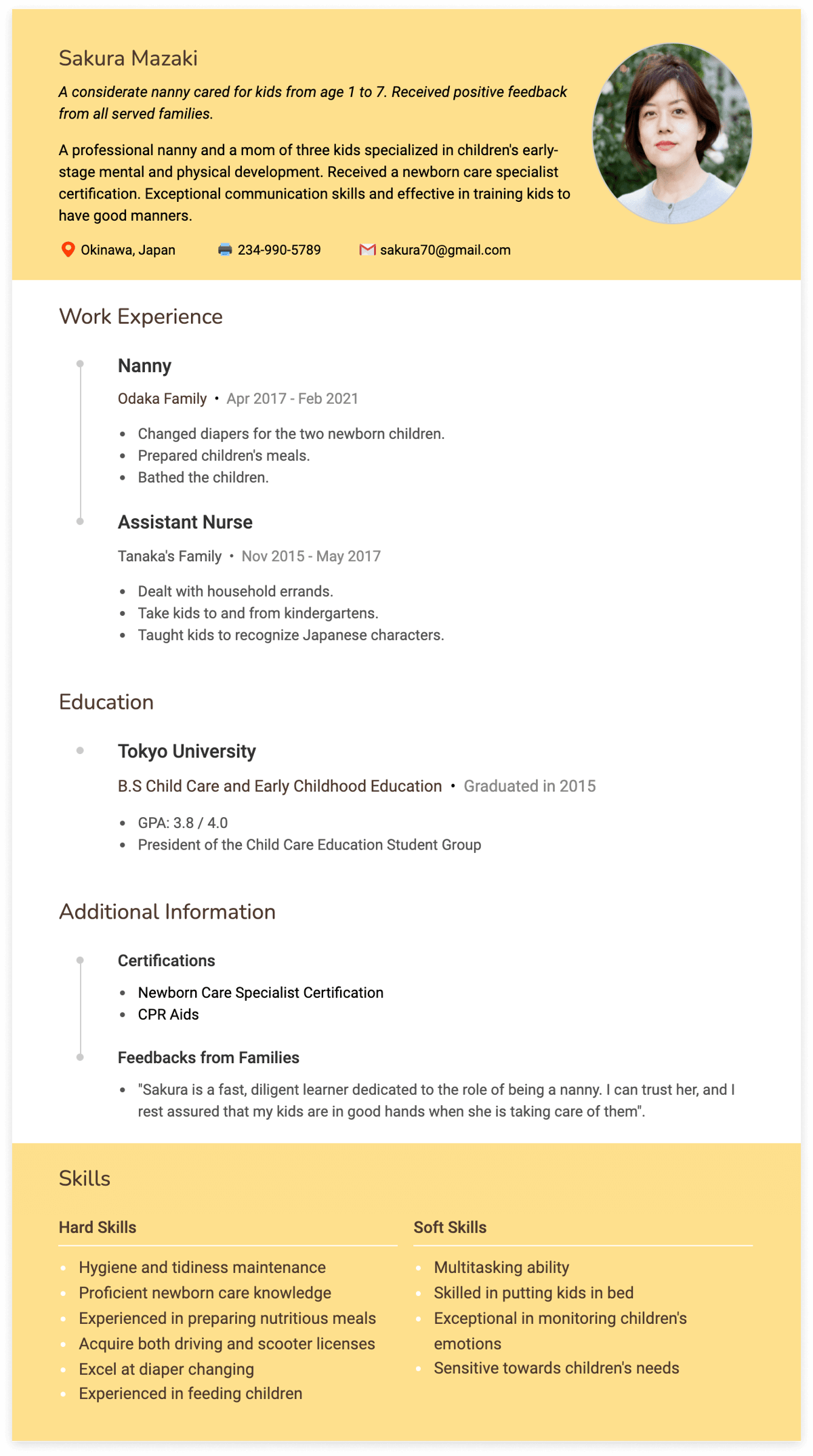 nanny resume sample