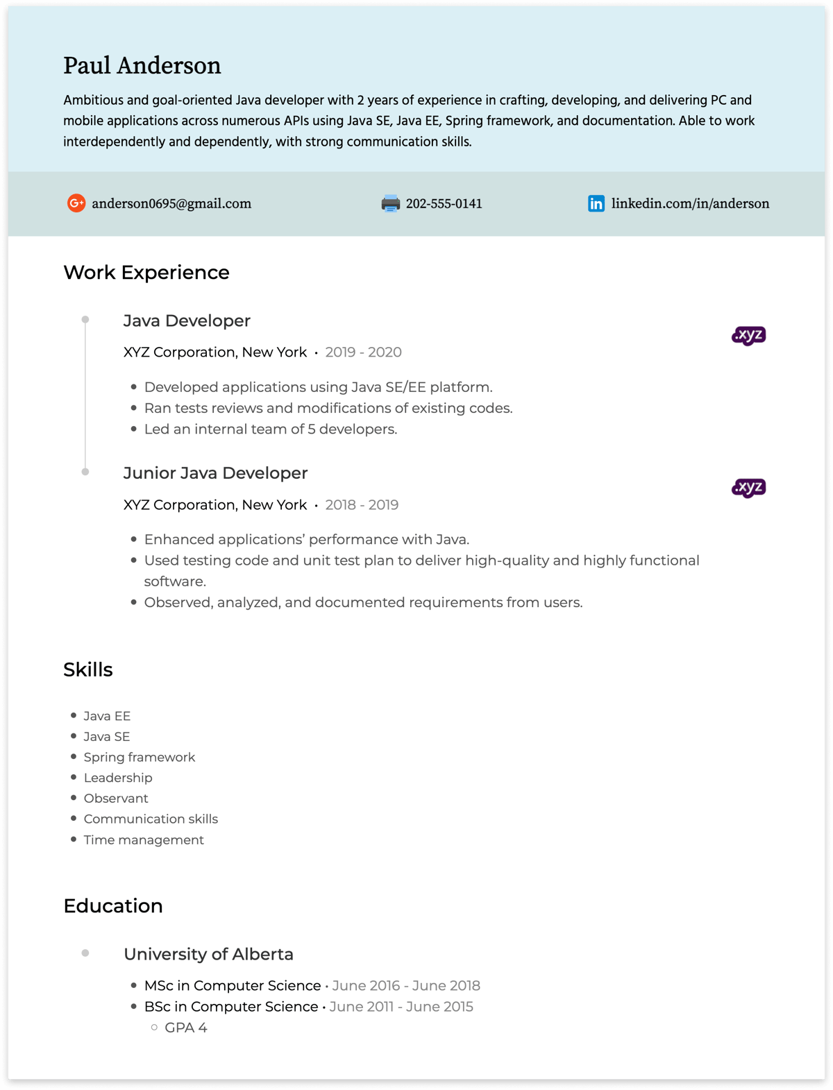 java developer resume example