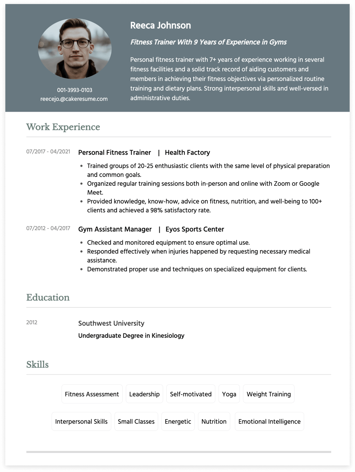 PT resume example