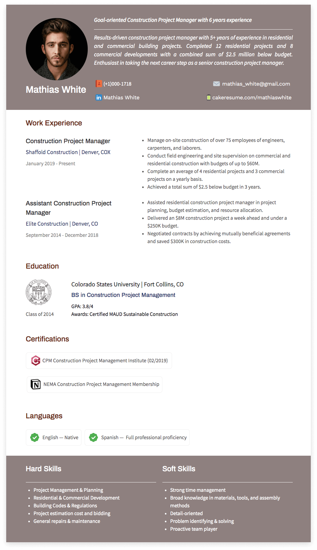 construction project manager resume 